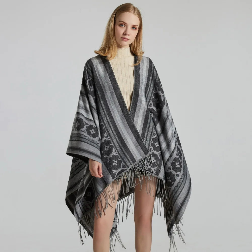 Cashmere Feel Winter Warm Ponchos and Capes for Women Foulard Femme Shawls and Wraps Stripped Pashmina Female Bufanda Mujer