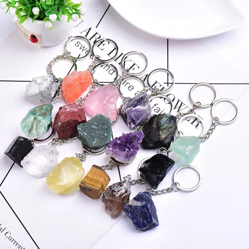 Agate Quartz Big Crystal Keychains Natural Raw Amethyst Gemstone Keychain Reiki Healing Crystal Stone Pendant Keyrings