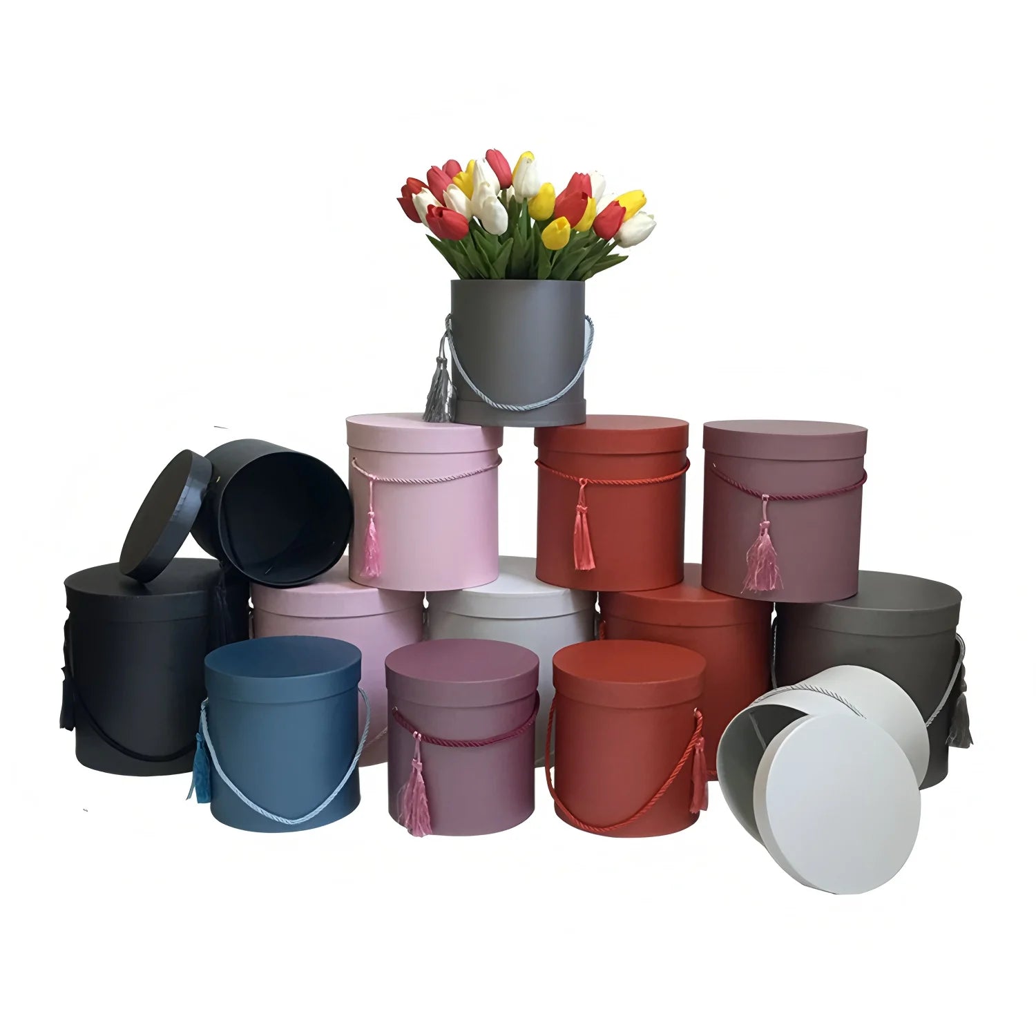 High-End Portable Round Bucket Flower Gift Box Waterproof Simple Tassel Flower Hug Three-Piece Set