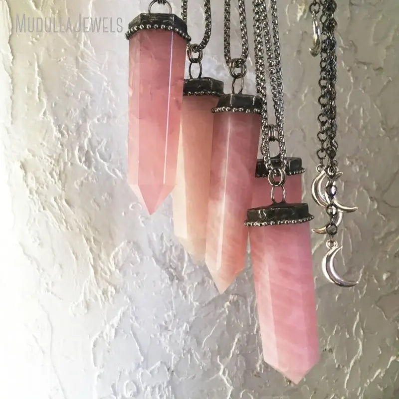 NM49700 Soldered Jewelry Raw Rose Quartz Crystal Hexagonal Prism Pendant Chain Necklace Antique Silver Plated Shaman Amulet Gift