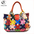 Genuine Cow Leather Fashion Totes Handmade Plaid Contrast Color Cowhide Shoulder Bag Ladies Large Handbag Purse Tote Bags