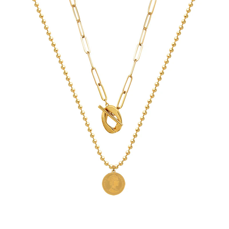 Trendy 18K Gold Plated Stainless Steel OT Buckle Double Clavicle Necklace for Women Daily Wear Party Gift Casual Matching
