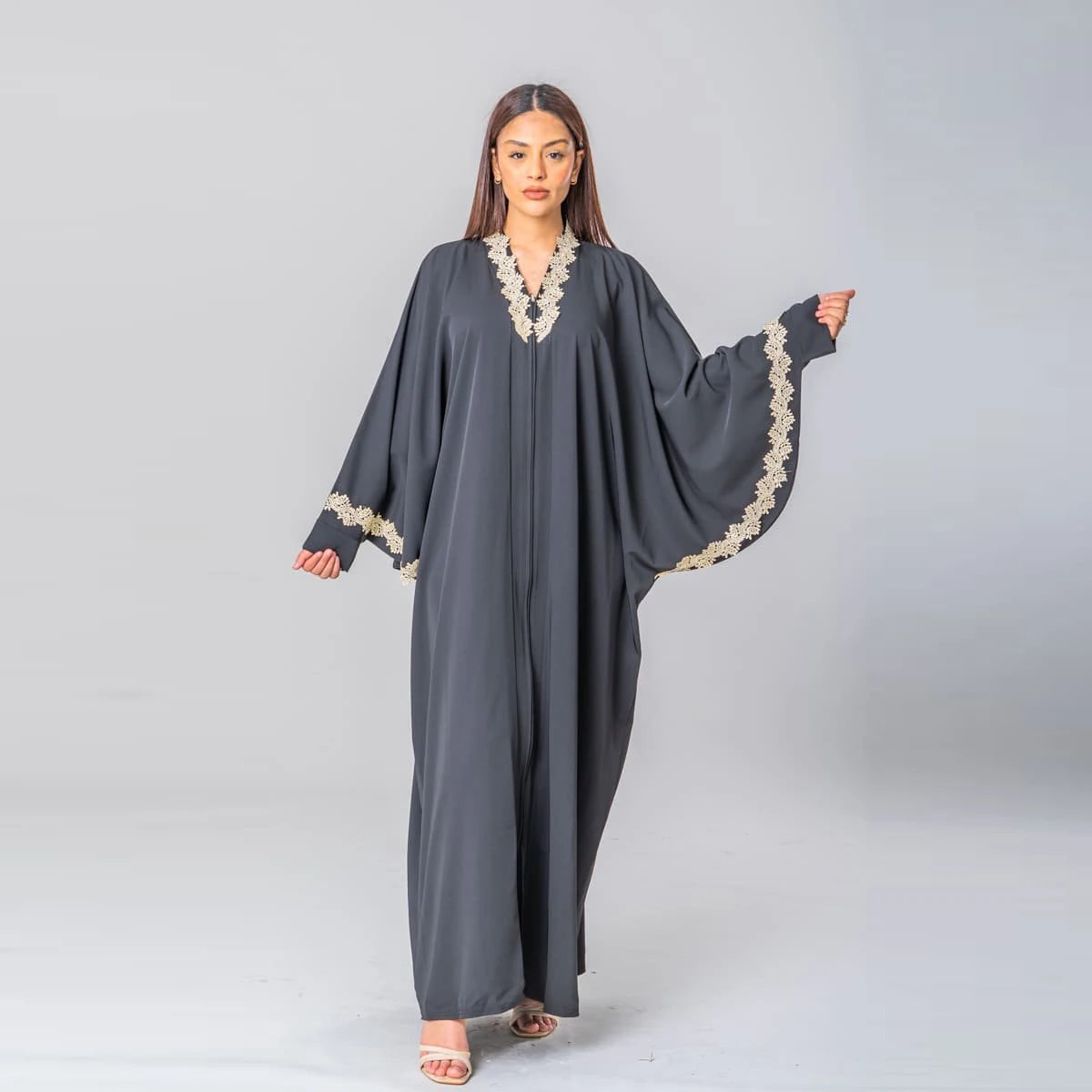 Dubai Abaya Modest Fashion Wear Muslim Eid Al-fitr Lady Full Cover Maxi Floral ABAYA DRESS WITH EMBROIDERED BATWING SL
