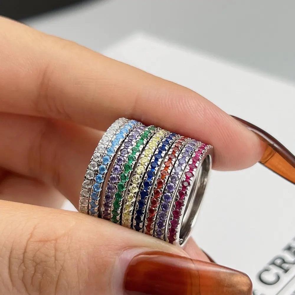 Multi Color 5A Cubic Zircon Birthstone Thin Ring Jewelry Birthday Gifts 925 Sterling Silver Stacking Rings