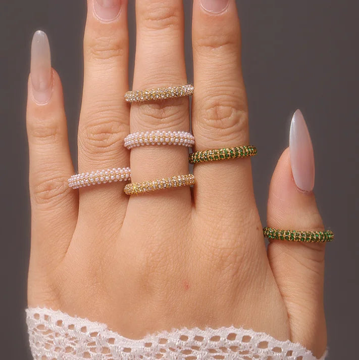 New Fashion Small Dome Stainless Steel Rings 18k Gold Plated Pearl White Green Zircon Ring Waterproof Jewelry for Women