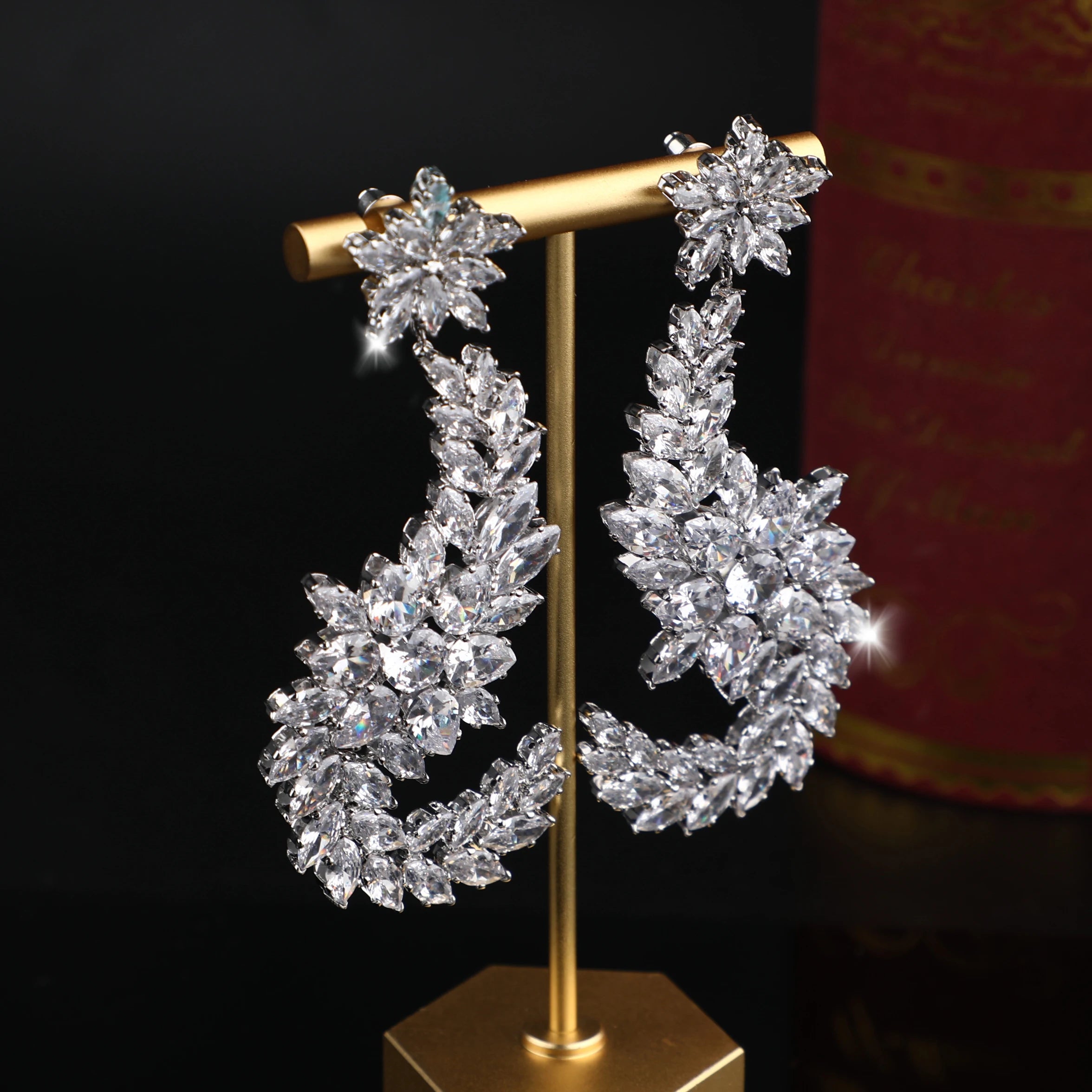 Luxury Platinum Plated Shining Zircon Big Chandelier Earrings Women Prom Jewelry Bridal Wedding Earring