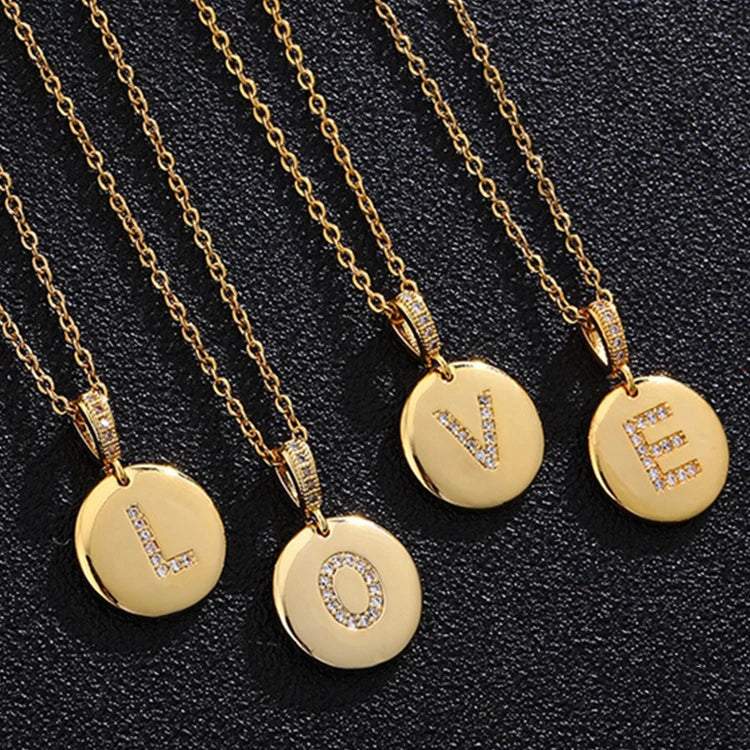 Luxury Real 18K Gold Plated Stainless Steel Zircon Alphabet Pendant 26 Initial Letters Necklace Jewelry for Women