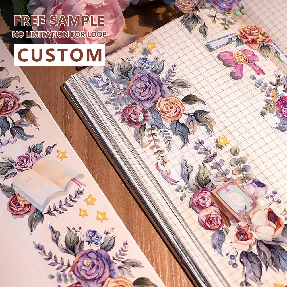 Custom Clear Flower PET Tape Manufacturer PET Scrapbooking Sticker Roll with Holographic Foil Effect
