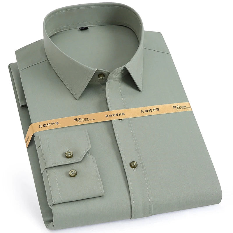 RNSHANGER New Men's Dress Shirt Long Sleeve Free Ironing Business Casual Slim-fit Fashion Breathable Solid Color Male Shirts
