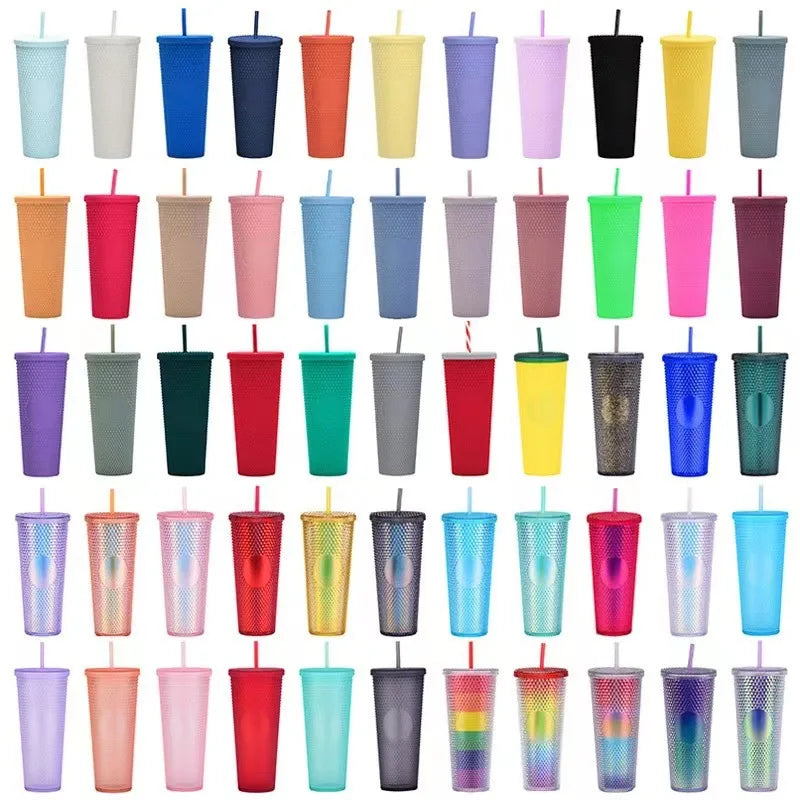 Wholesale Custom Reusable Plastic Tumblers 24Oz Double Wall Cold Water Cups Frost Matte Black Coffee Tumbler with Lid and Straw