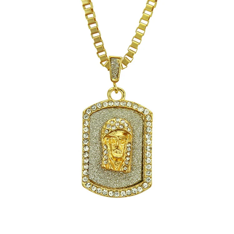 Wholesale Hip Hop Style Setting Rhinestone Glitter Jesus Alloy Pendant Men Necklace Stainless Steel Chain Necklaces