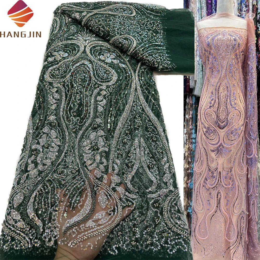 3D Embroidery Lace Green Handmade Beading Fabric Dubai Hot Sale Tulle Net French Fabrics for Wedding Dress and Women Clothing