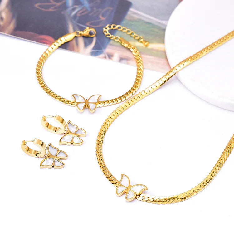 Real 18k PVD Gold Plated Blade Chain White Shell Butterfly Bracelet Earrings Necklace Set Stainless Steel Butterfly Jewelry