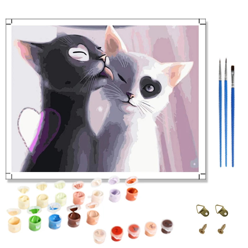 Cute Animal DIY Oil Painting by Numbers Kit Black & White Cats Digital Home Decor for Kids Linen Canvas Support Base