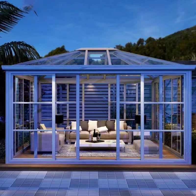China Factory Supplied Modern Double Hipped Sunroom Modular Prefab Home Office Aluminum Alloy Tempered Glass Greenhouse