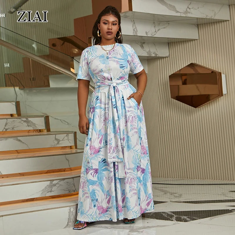 Cropped Navel Two Piece Dress Multicolor Print Suit Plus Size Women's Two Piece Casual Dress
