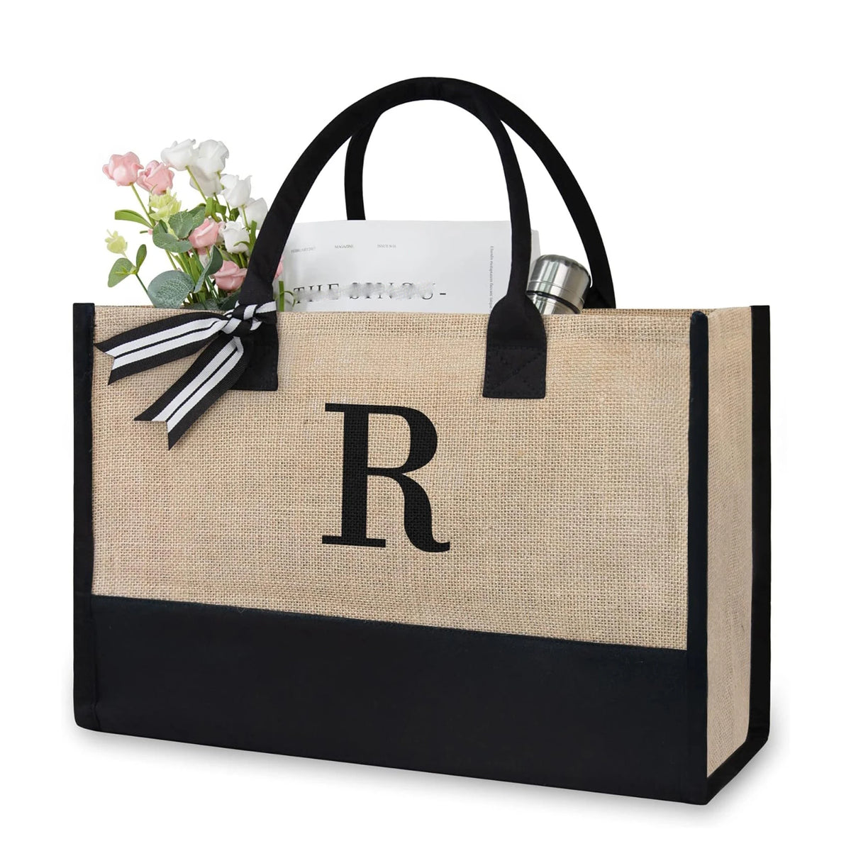 Custom Fashion Shopping Grocery Beach Sports Yoga Party Gift Ladies Initials Jute Tote Bag Black Burlap