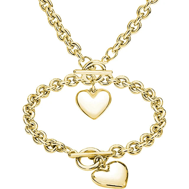 Fashion Charm Heart Shape Thick Chain Pendant Bracelet and Necklace Set for Women
