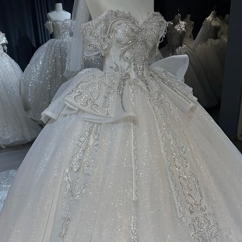 Gorgeous Wedding Dresses Diamond Off the Shoulder Sequins Glitter Princess Pearl Tiered Shiny Bride Gowns XS020