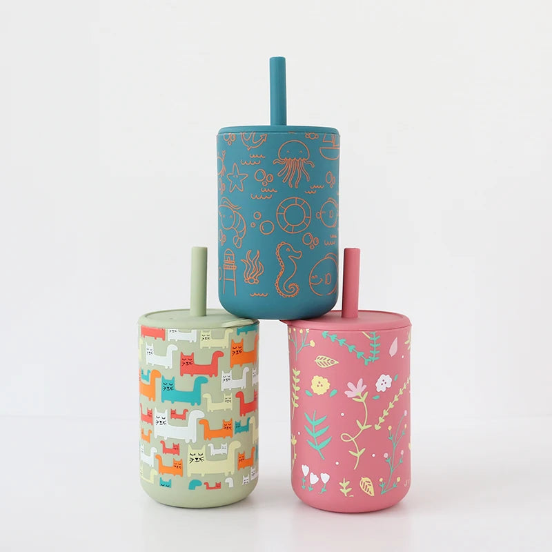 Latest Printing Pattern Toddler Cups Spill Proof Bpa Free Food Grade Kids Drinking Silicon Straw Cup