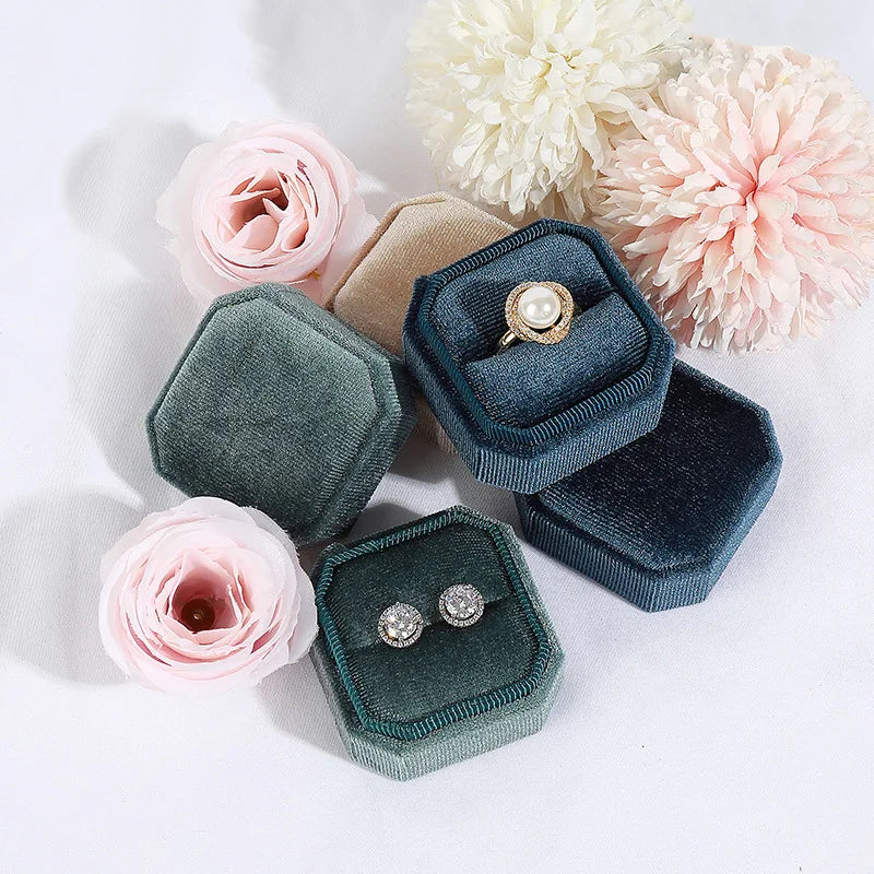 Modern Retro Gold Octagonal Jewelry Box Creative Velvet Single or Double Ring and Earring Box for Proposals or Gifts