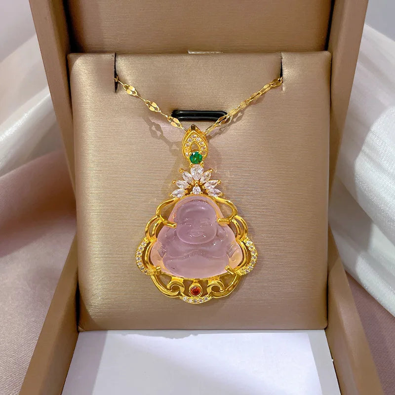 Buddha Pendant Necklaces Women Gold Amulet Chinese Feng Shui Maitreya Necklace Jewelry Jade Buddha Stainless Steel Necklace