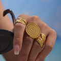 Y&J New Arrival Waterproof Stainless Steel Ring Round Threaded Leaf Textured Open End Ring for Women