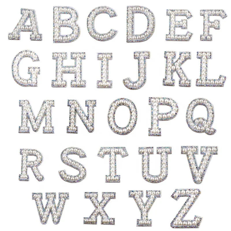 Hot Sale Fashion Iron on Glue Adhesive White Pearl Beaded Rhinestone Letters Make-up Bag DIY Alphabet Applique Patch for Dress
