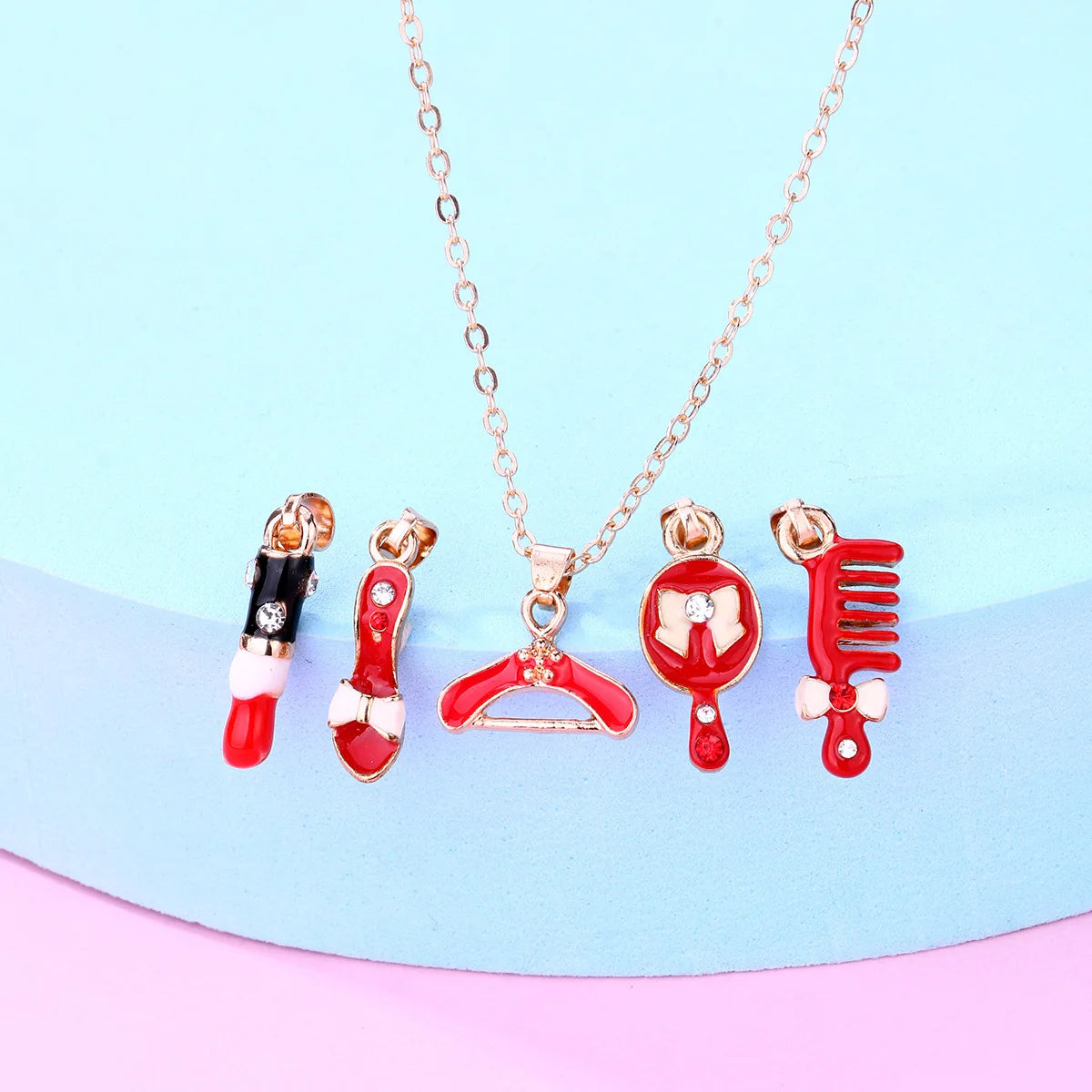 Wholesale Children Cartoon Enamel Cute 5 Removable Lipstick Comb Dripping Oil Pedants Necklace Set Interchangeable Pendant Kids