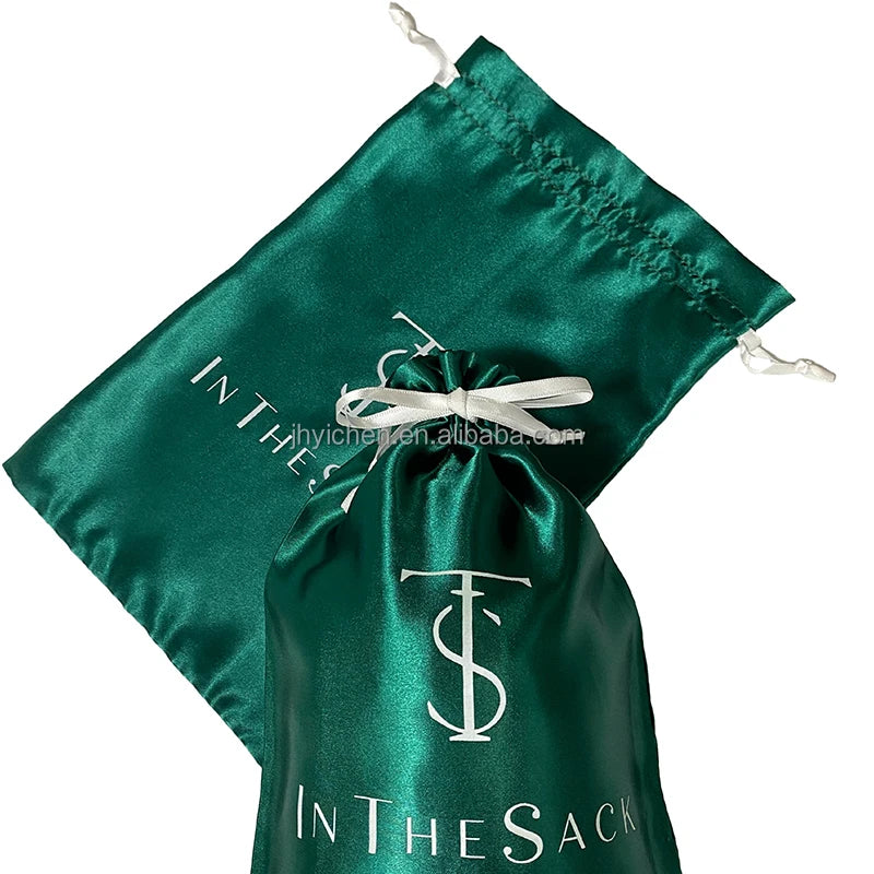 Custom Logo Printed Green Silk Drawstring Towel Gift Pouches Satin Long Boots Bags for Lady