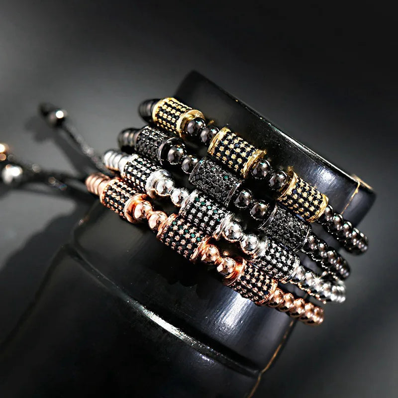 Luxury CZ Pave Tube Charm Bracelet Handmade Stainless Steel Beads Macrame Bracelets Men Women