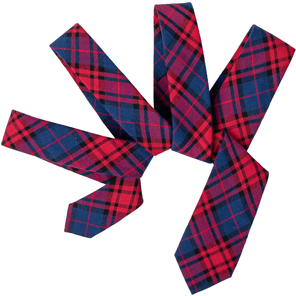 Polyester Cotton Blend Viscose Necktie Casual Weave Navy and Red Plaid Slim Mens Neck Tie Ready to Ship
