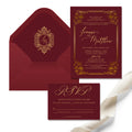 High End A5 Size Burgundy Velvet Invitation Cards with Foil RSVP Card and Envelope