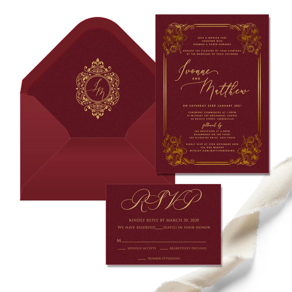 High End A5 Size Burgundy Velvet Invitation Cards with Foil RSVP Card and Envelope