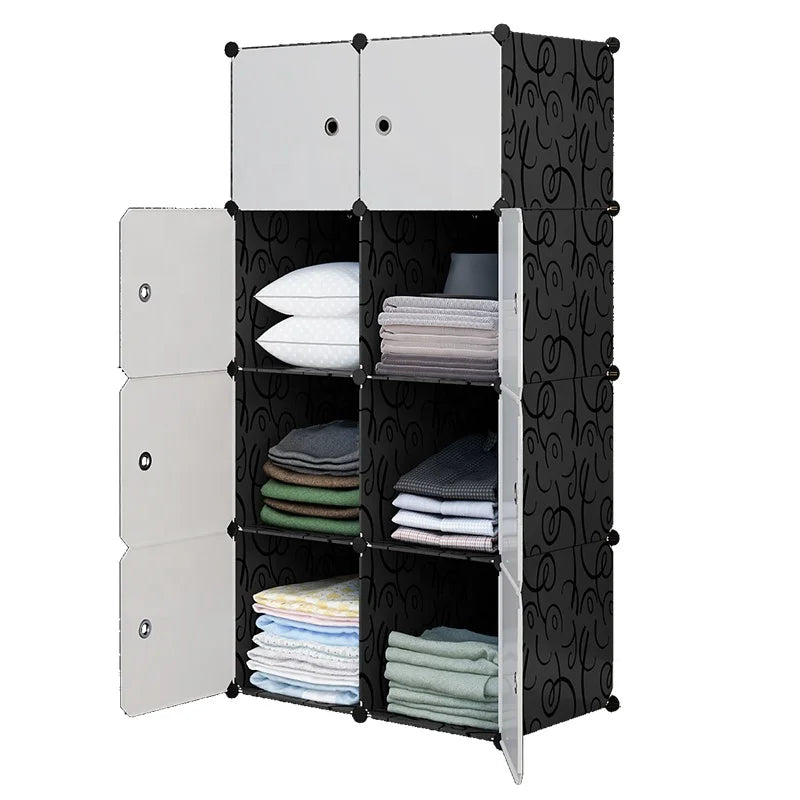Modern Single Foldable Wardrobe Black White 8 Cubes Extendable Plastic Small Cubord Wardrobe for Clothes for Workshop Dining Use
