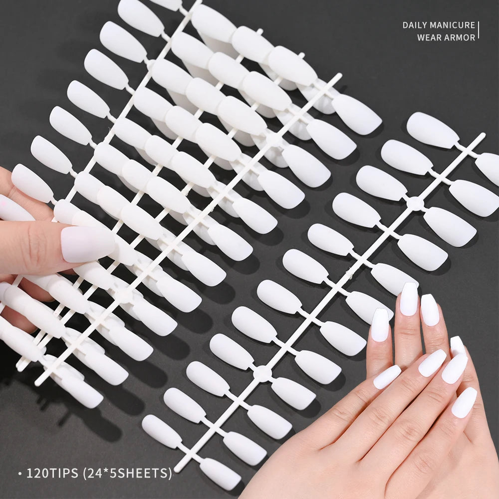 120pcs=5sheets*24pcs White Frosted Matte Nail Tips Coffin Full Cover Mixed Sizes Short Wearable Press on Nails Fake Nails Tools