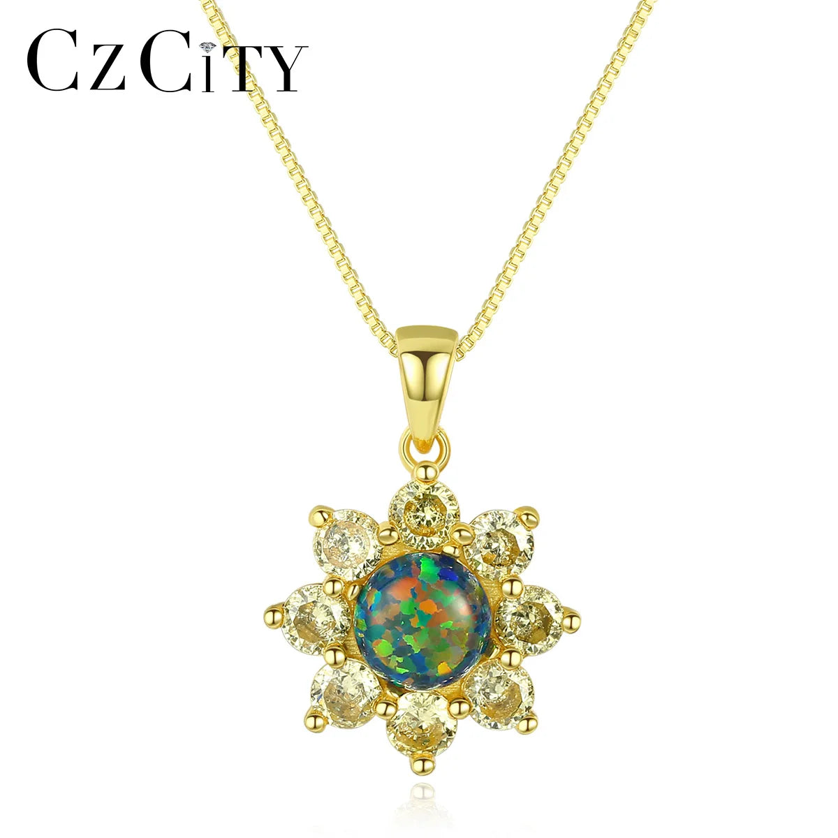 CZCITY 925 Sterling Silver Necklace Women's Color Sun Flower Shape Opal Pendant Necklace Exquisite Jewelry