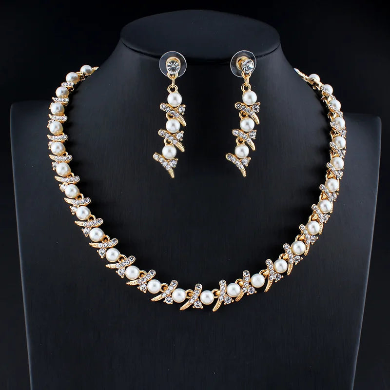 Cross Border Bride's Wedding Jewelry Set for Foreign Trade Imitation Pearl Necklace Earrings Two-piece Set Gold-plated