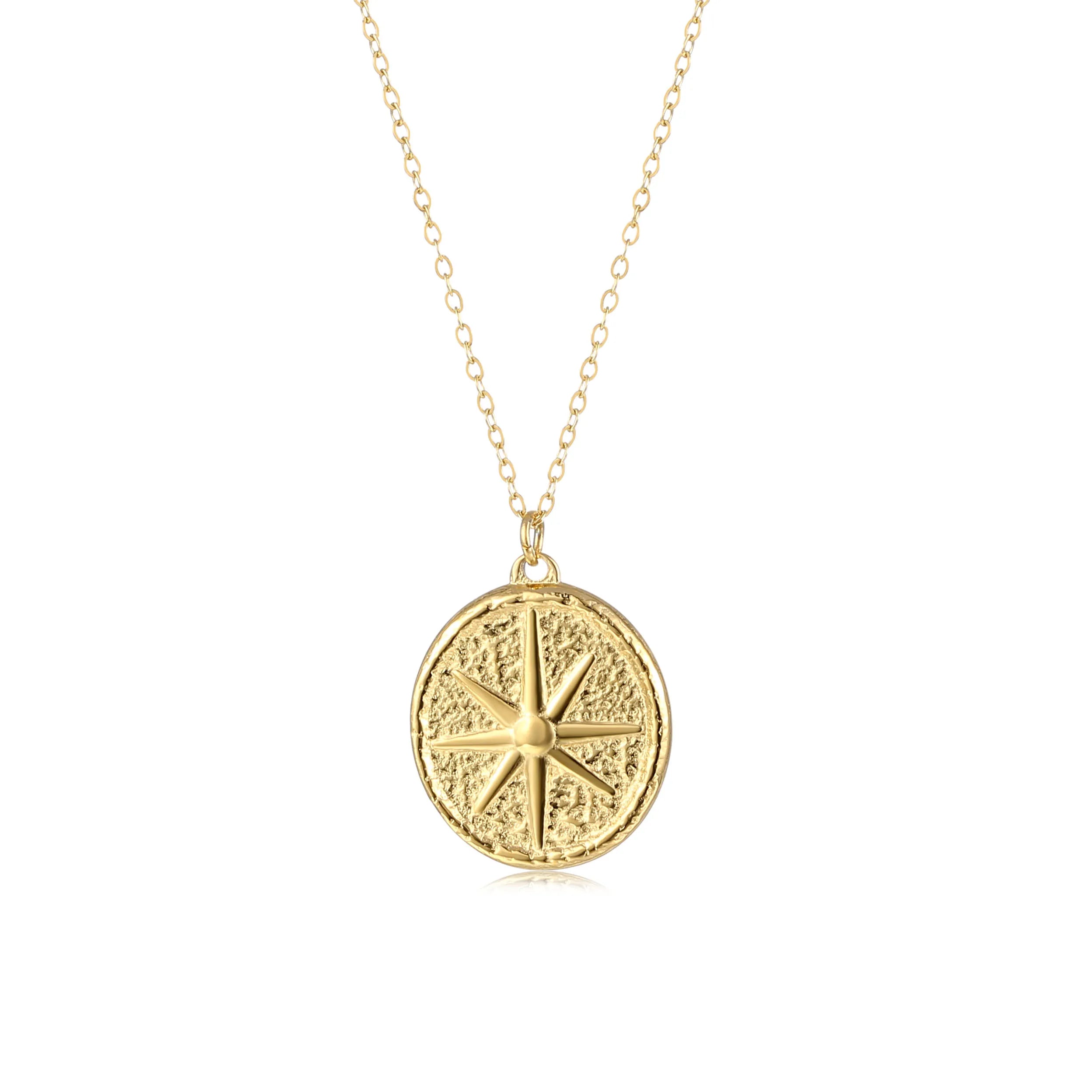 Retro 18k Gold Plated Stainless Steel Compass North Star Round Pendant Necklaces for Ladies Jewelry