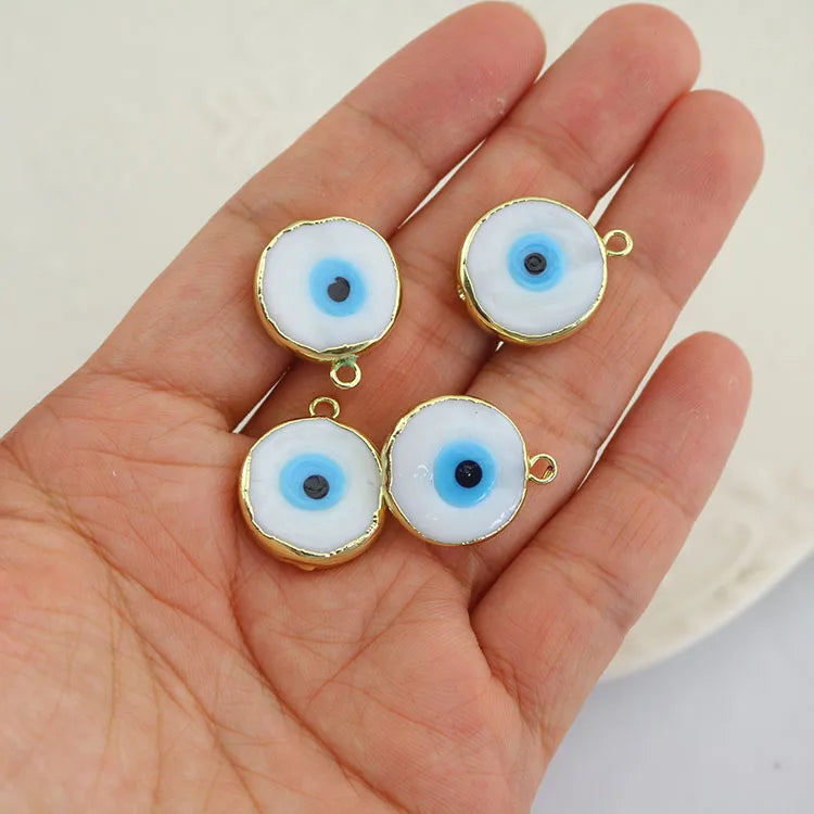JF8399 Hot Sale Jewelry Supplies 18mm Gold Plated White Glaze Lampwork Glass Evil Eyes Disc Round Charm Pendants