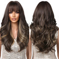 Wigs Wholesale Brown Highlights Golden Synthetic Wigs with Bangs Long Body Wavy Hairs Wig for Black Women Heat Resistant Fiber
