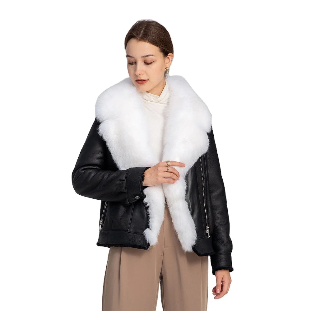 New Arrival Fashion Winter Fur Coat Bomber Jacket Genuine Sheepskin Leather Jacket