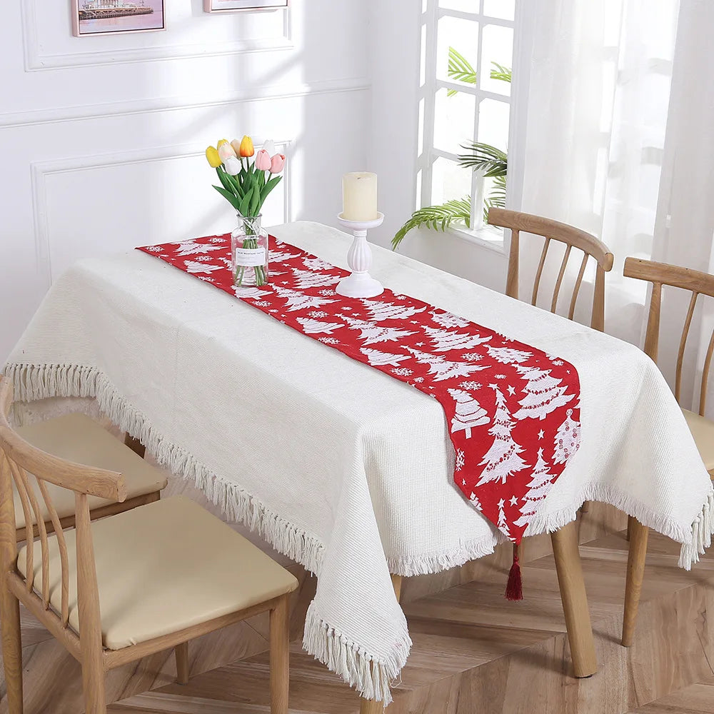 Custom Ychon Christmas Tree Tablecloth Decoration Red Table Flag Fringed Polyester Table Cloth Decoration Rectangle Table Runner
