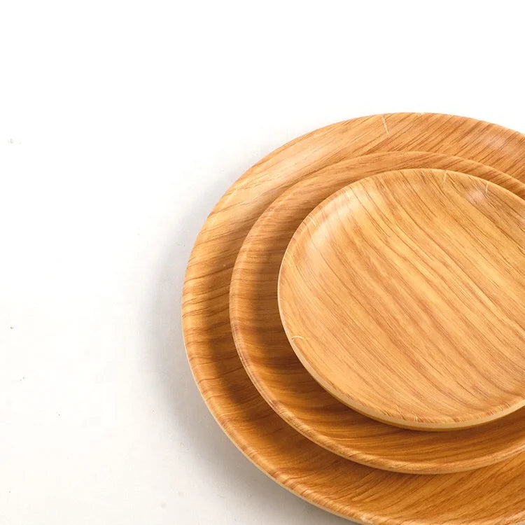 Wholesale Exquisite Melamine Dinner Plate Custom Logo Design Western Wooden Pattern High Beech Wood Serving Trays Home Hotels