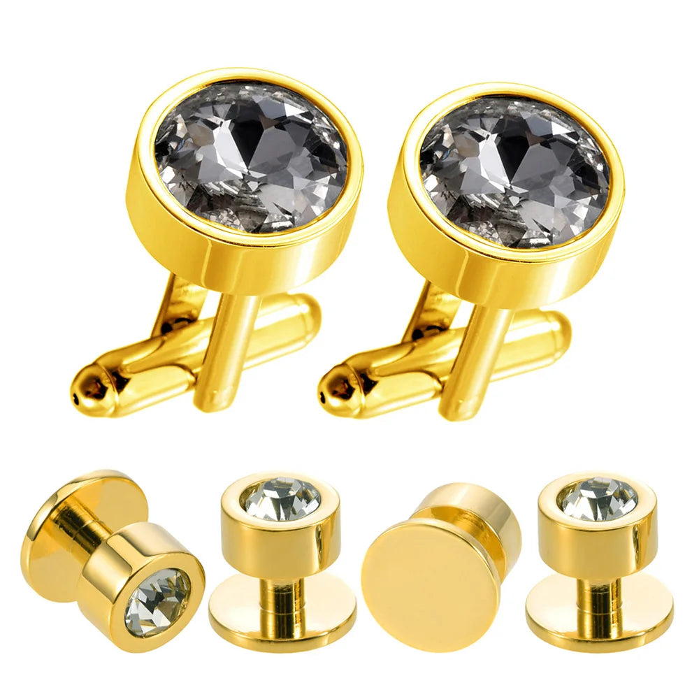 Wholesale Crystal Diamond Gold Plated Cufflinks Stud Set Custom Mens Suit Shirt Fashion Accessory Wedding Tuxedo Trendy Jewelry