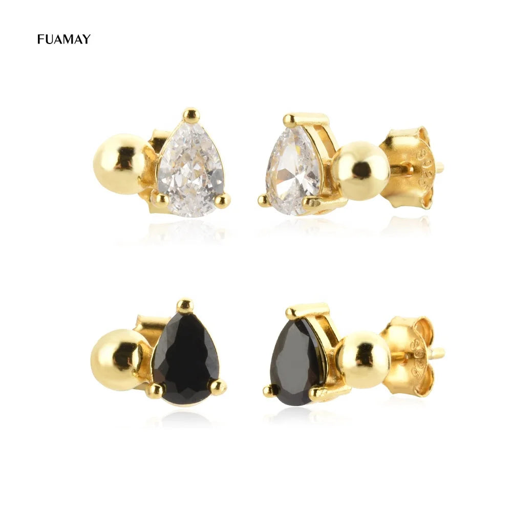 FUAMAY Gold Plated Black Marquise Diamond Earrings Studs Round Cubic Zirconia CZ Diamond Pearl Stud Earrings Tiny Pearl Studs