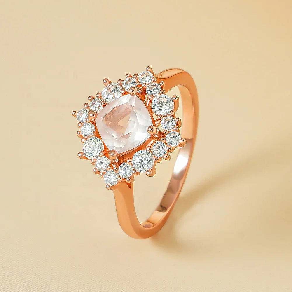 Dainty Light Luxury 925 Silver Crystal Jewelry Rose Quartz Rings Natural Pink Crystal Engagement Wedding Jewelry for Women