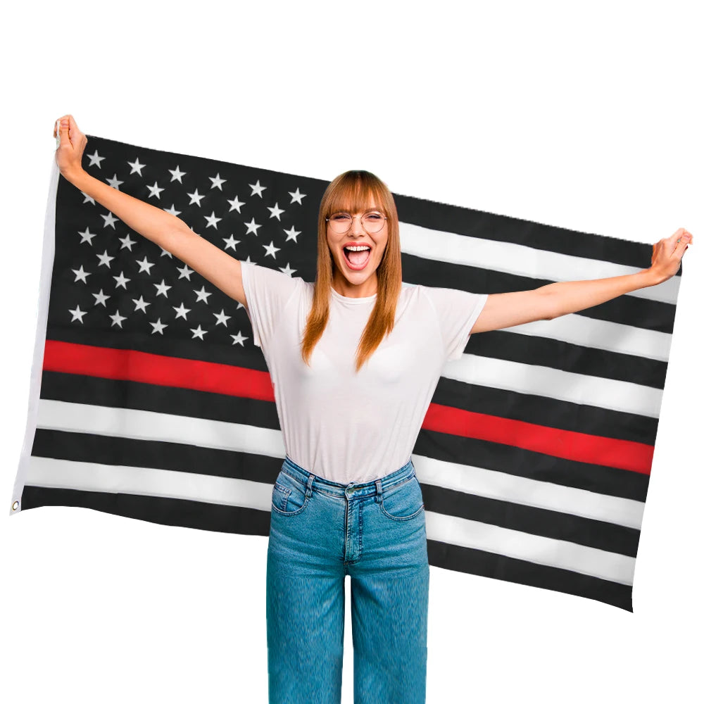 Heavy Polyester Nylon Embroidered Printing Custom United State Thin Red Blue and White Line Large Black 3x5 American Flag