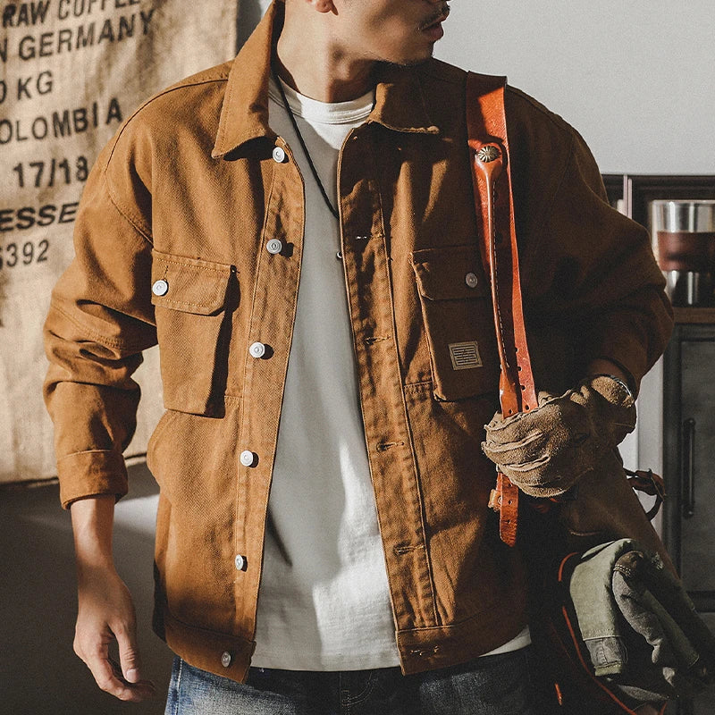 Spring and Autumn Men's Retro Denim Jacket Multi-pocket Casual Loose Lapel Single-breasted Denim Men's Jacket.