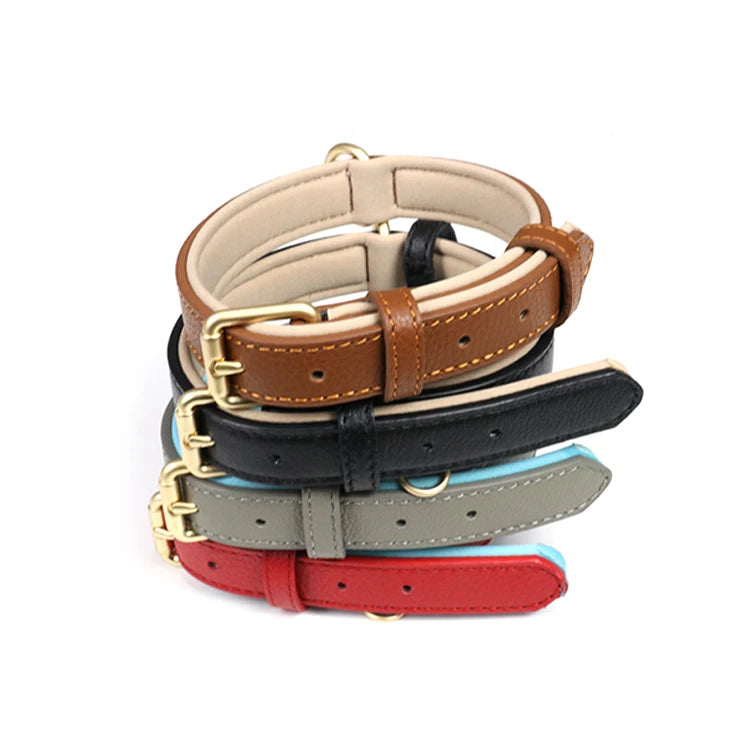 Luxury Vegan Genuine Leather Dog Collar Custom Colors Softly Padded Waterproof Reflective Solid Classic PU Leather Pet Collar